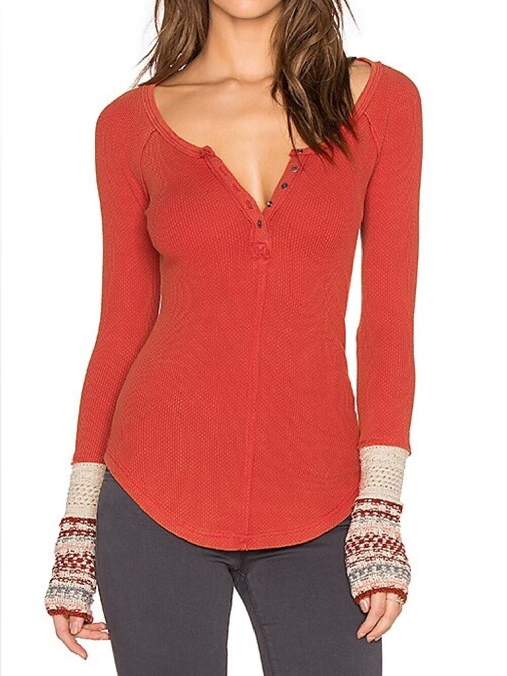 Free People Ski Lodge Waffle Knit Thermal Sweater Cuff Henley Top Size Small